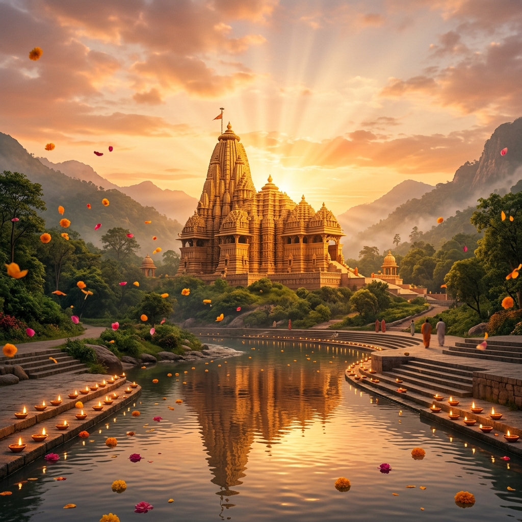 Sacred temple bathed in golden divine light at sunrise