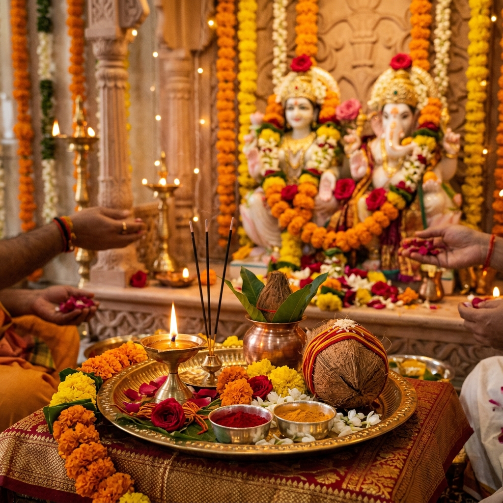 Traditional Hindu puja ceremony with sacred offerings and diya